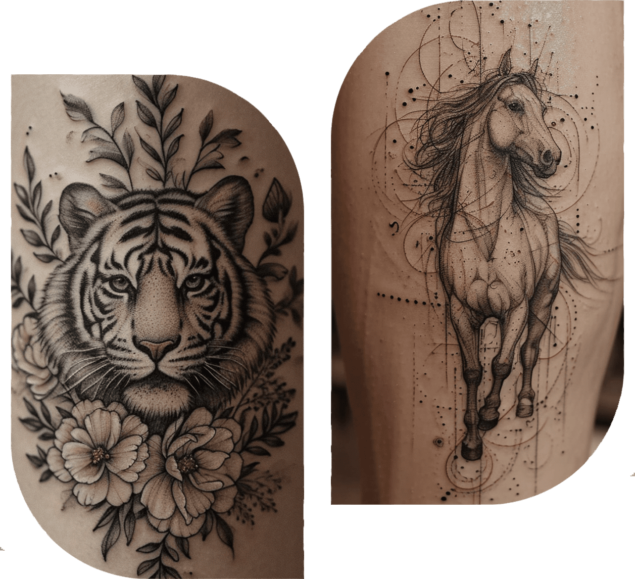Kunstvolles Tattoo-Motiv mit Tiger und Pferd - Beispiel für detaillierte Tätowierkunst